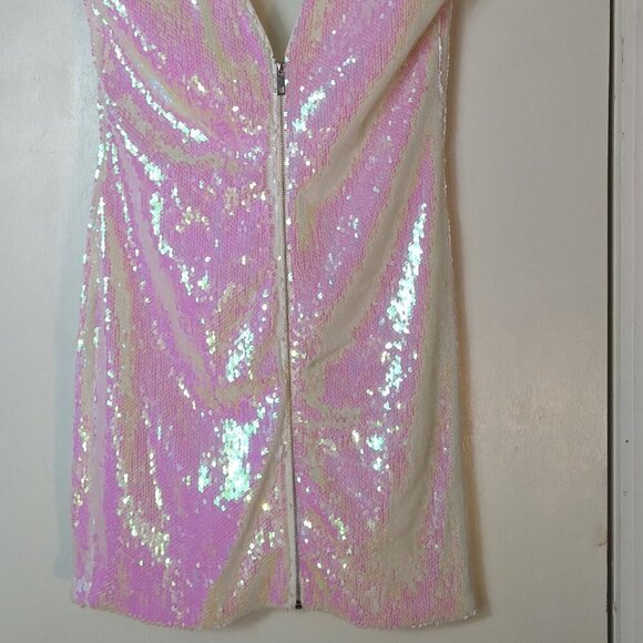 Sequins of White Sparkles of Seafoam on a Wash of Dayglow Pink Sheath Dress SzS - Picture 6 of 9